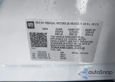 2024 Chevrolet Equinox Fwd Premier z USA, uszkodzony, nr VIN 3GNAXNEG8RL318538